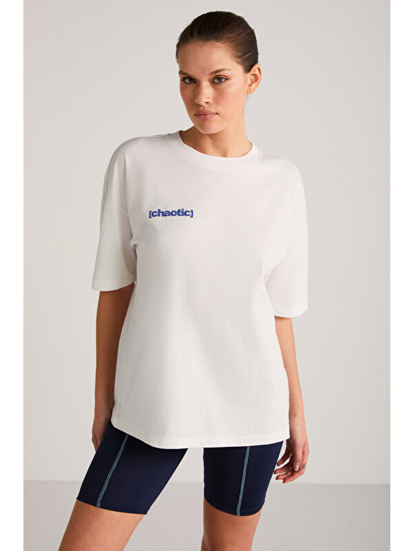 GRIMELANGE ARCADIA Kadın %100 Pamuk Arka ve Önü Yazi Detaylı Baskılı Slim MAVİ-EKRU T-Shirt
