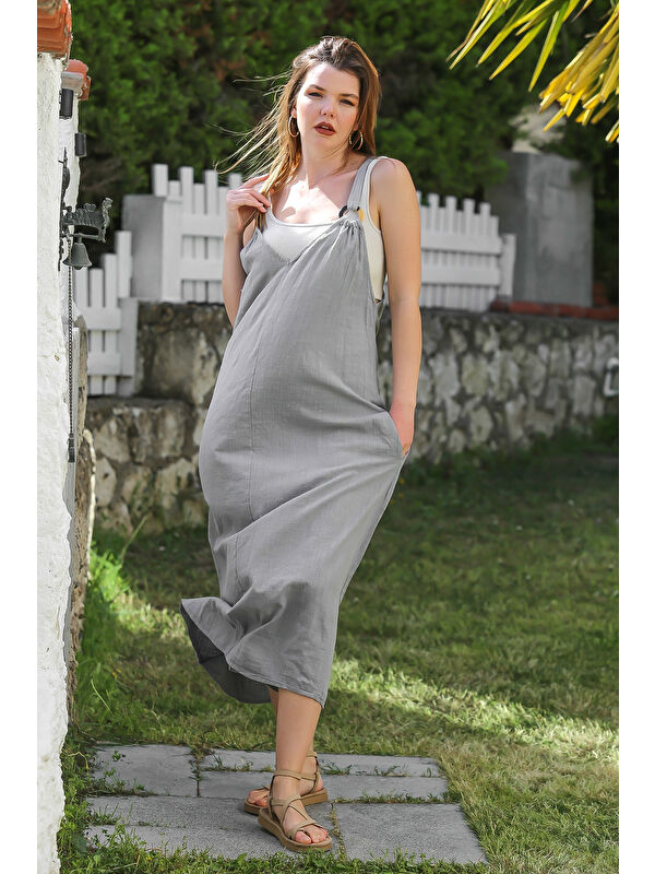 Chiccy Gri Askılı Gizli Cepli Tokalı Casual Keten Karışımlı Dokuma Elbise 135 58