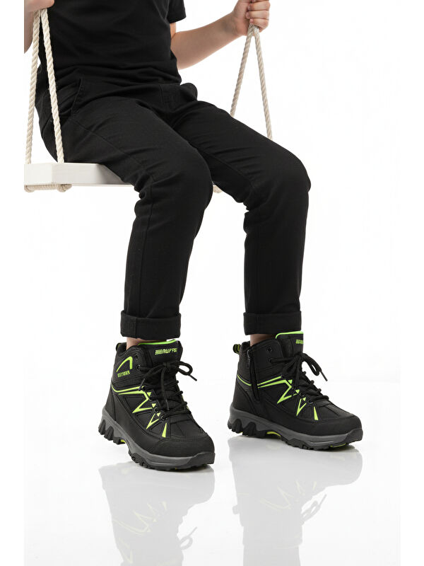 Ayakmod Siyah Yeşil Polarlı Kaymaz Unisex Çocuk Outdoor Bot 2301 F