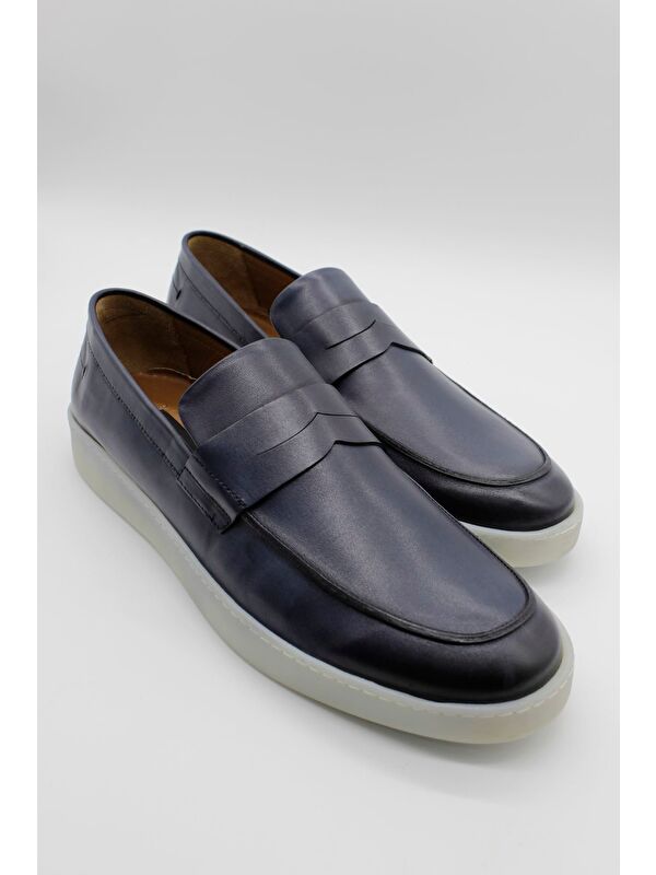 Koyu Lacivert %100 Deri Süet Bağcıksız Casual Ayakkabı 1033240166 - Görsel 4