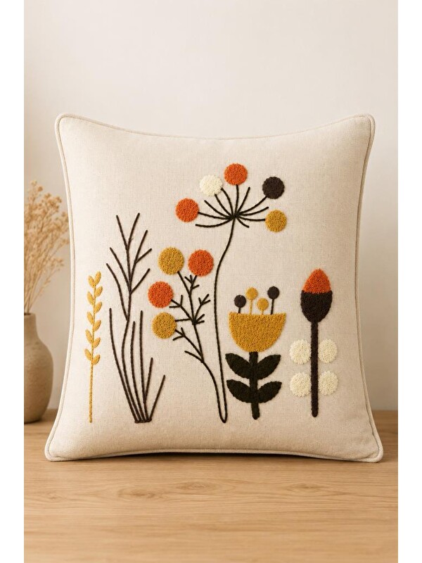 Çeyiz Diyarı Çiçekçim Lüx Nakışlı Keten Kırlent Kılıfı 45x45 cm