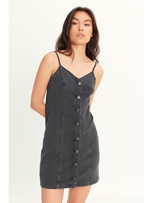 Lee Siyah Slim Fit V Yaka Askılı Antrasit Esnek Jean Elbise
