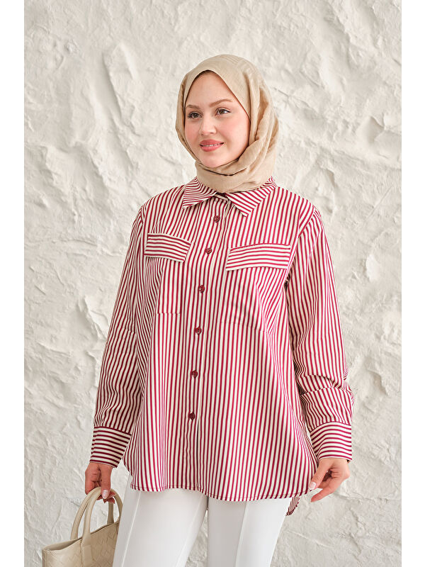 Locco Moda Kadın Çift Cep Detay Çizgili Gömlek Bordo
