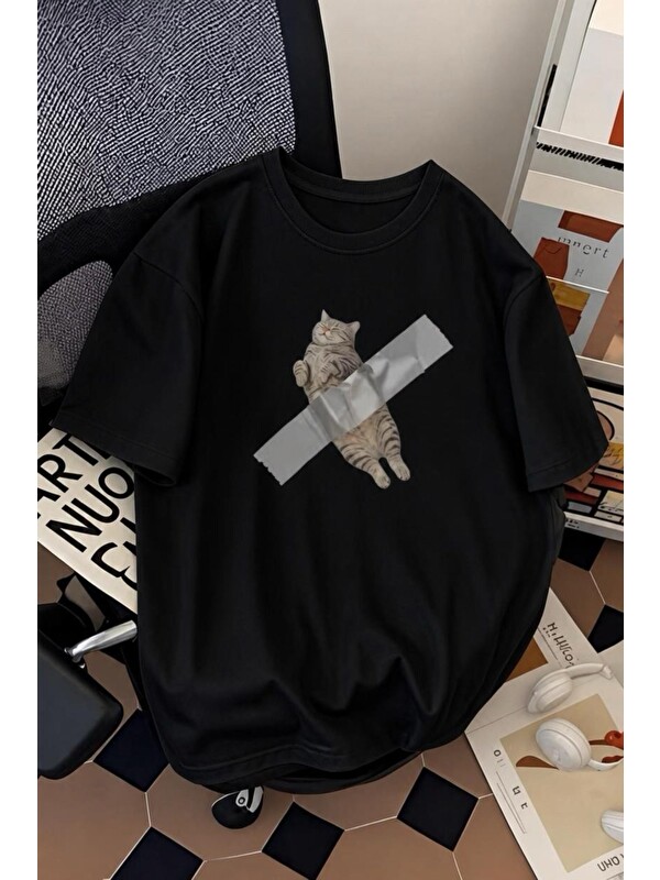Oksit Pop Art Tarzı "Bantlanmış Kedi" Desenli Pamuklu Rahat Unisex Tişört