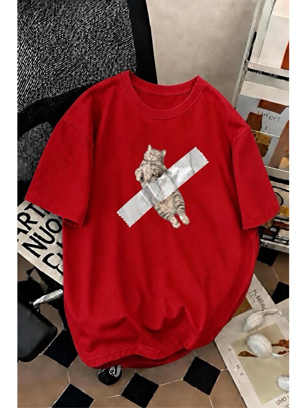 Oksit Pop Art Tarzı "Bantlanmış Kedi" Desenli Pamuklu Rahat Unisex Tişört