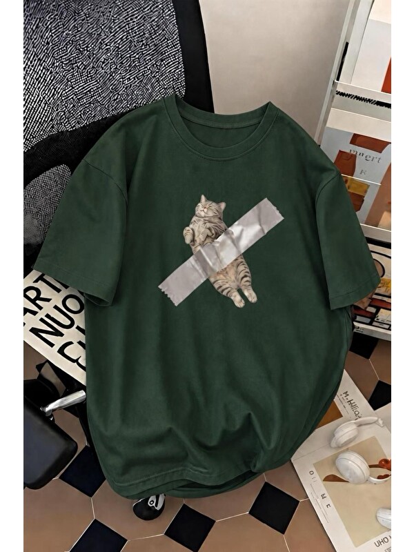 Oksit Pop Art Tarzı "Bantlanmış Kedi" Desenli Pamuklu Rahat Unisex Tişört