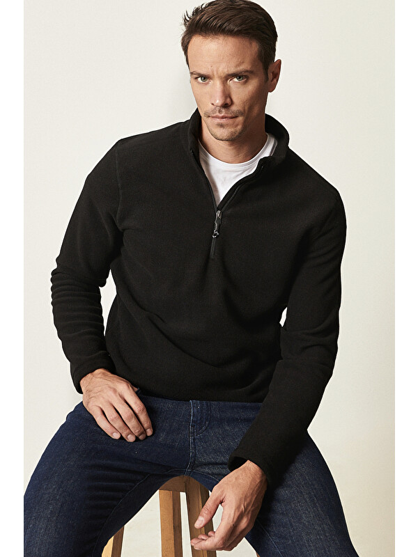 AC&Co / Altınyıldız Classics Erkek Siyah Anti-Pilling Tüylenme Yapmayan Standart Fit Dik Yaka Polar Sweatshirt