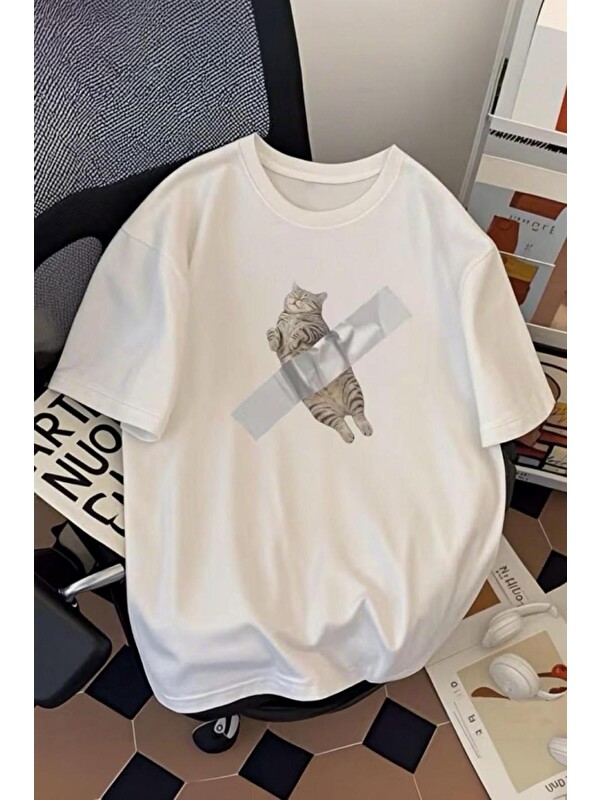 Oksit Pop Art Tarzı "Bantlanmış Kedi" Desenli Pamuklu Rahat Unisex Tişört