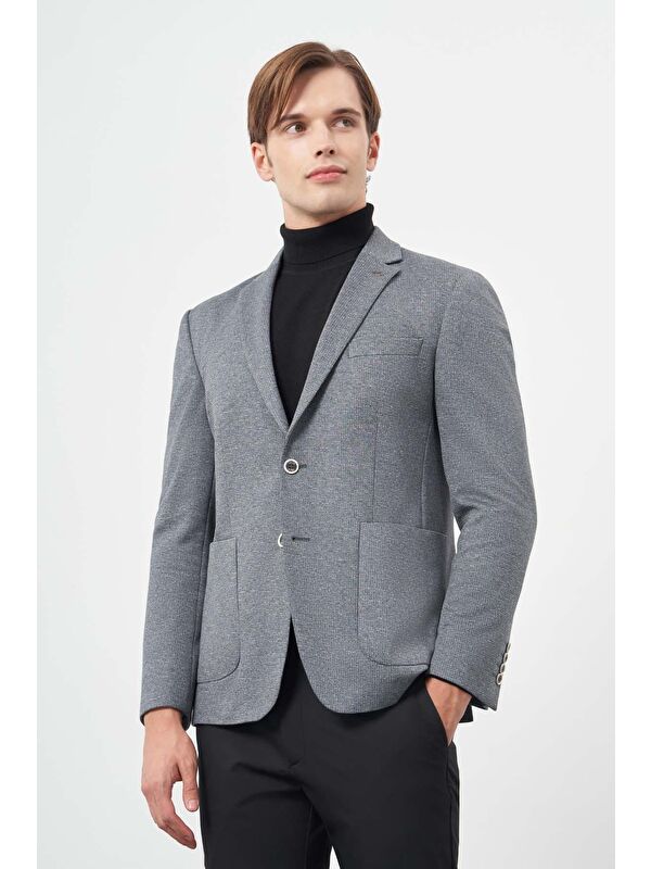 İMZA Koyu Antrasit Örme Mono Yaka 6 Drop Slim Fit Ceket 1002245154