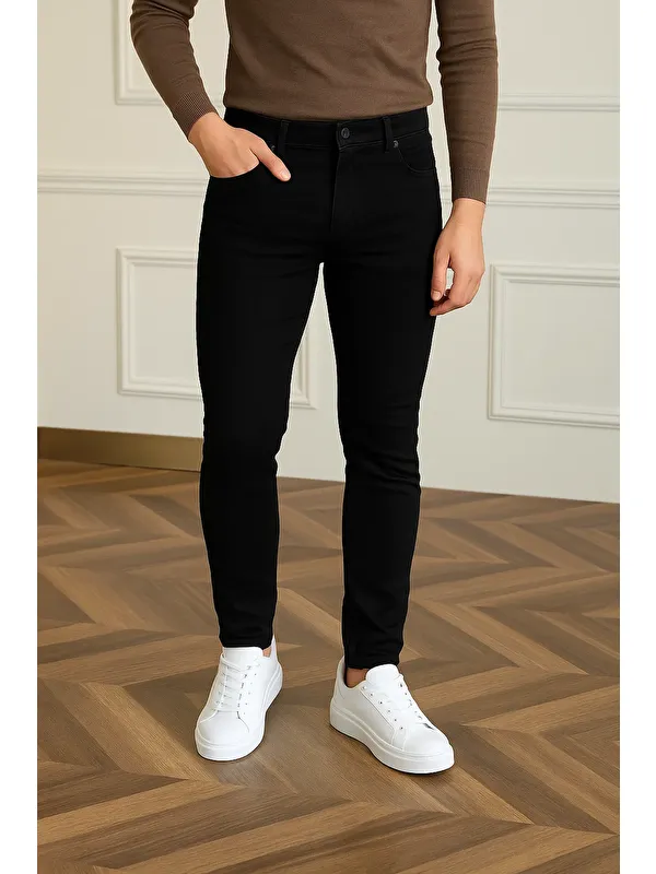 Comstar Erkek Basic Pamuklu Dar Siyah Jeans Pantolon