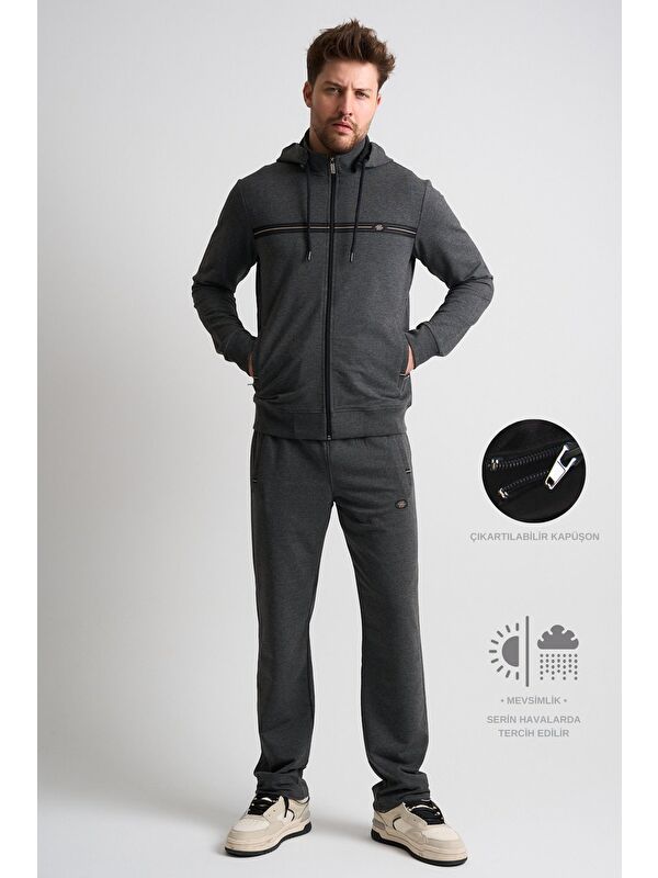 Shooter Sportswear Antrasit Klasik Erkek Eşofman Takımı Çıkartılabilir Kapüşonlu Rahat Kalıp