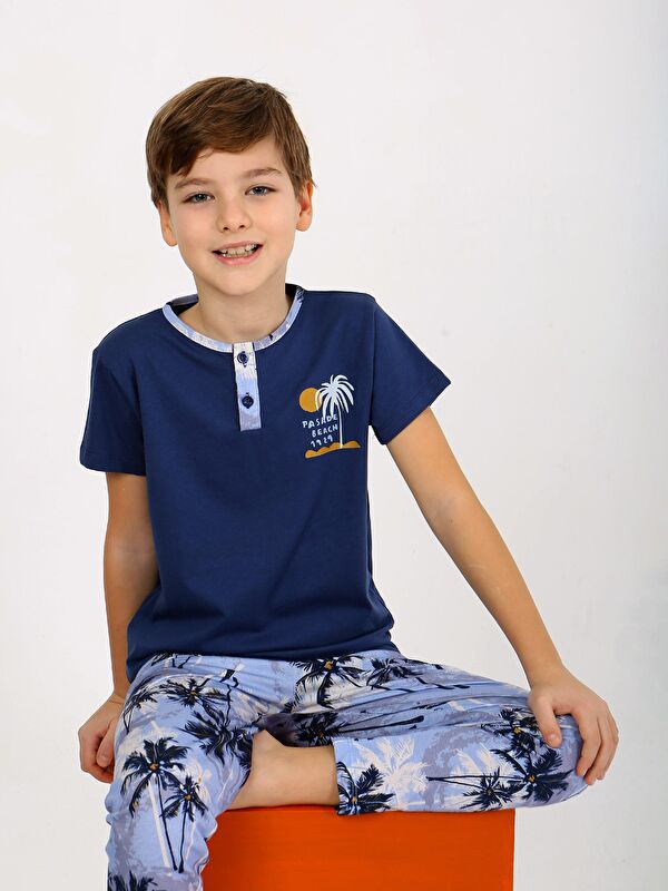 Vitmo Erkek Çocuk Kısa Kollu Düğme Detaylı %100 Pamuklu Pijama Takımı The Palm