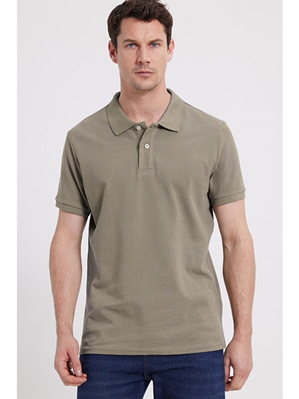 TUDORS Erkek Slim Fit Dar Kesim %100 Pamuk Kısa Kollu Polo Yaka Vizon Tişört