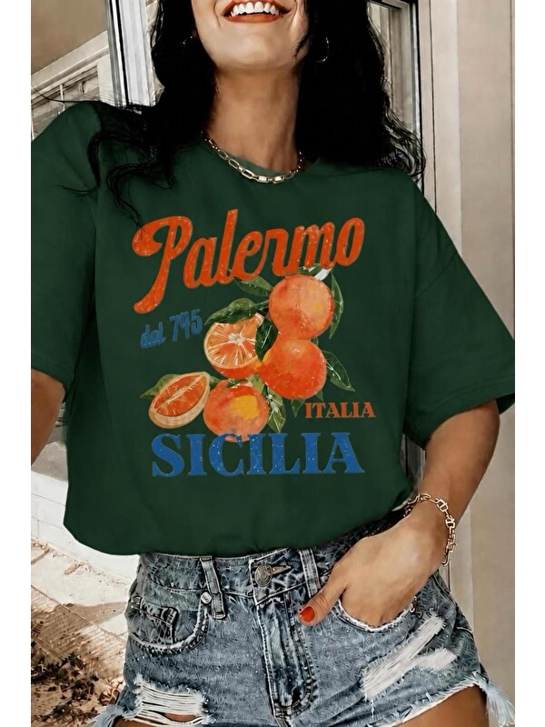 Oksit Palermo Sicilya Portakal Temalı Bisiklet Yaka Pamuklu Oversize T-Shirt