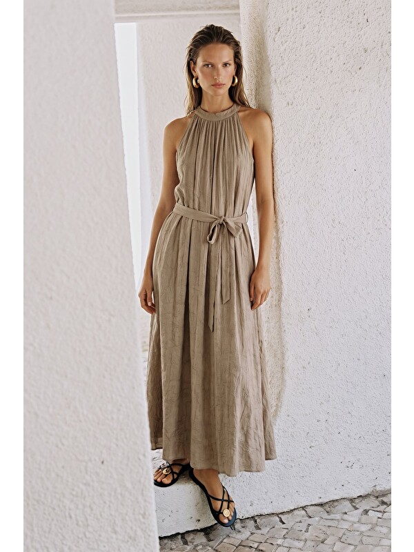 SATEEN Kuşaklı Elbise - Camel