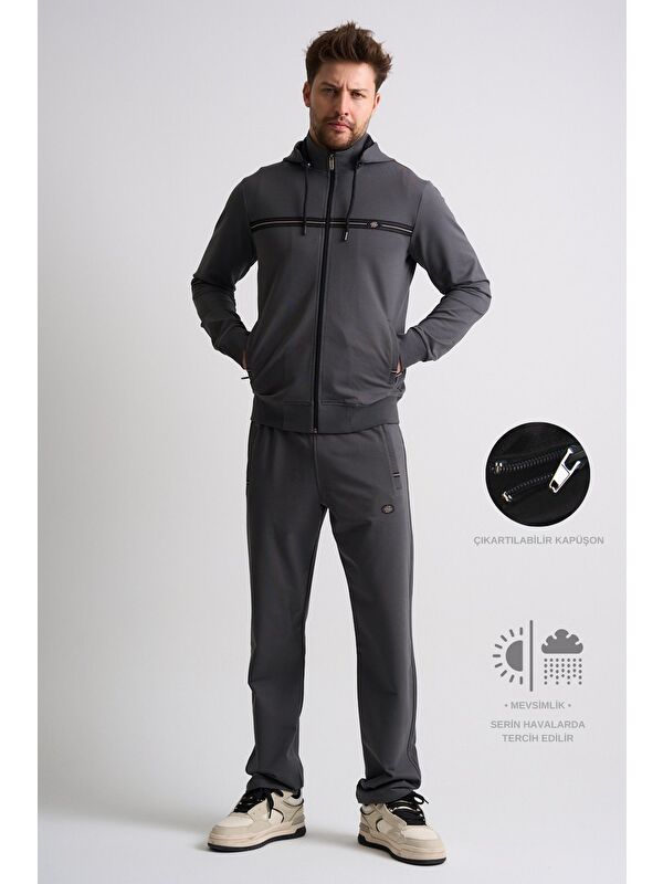 Shooter Sportswear Füme Klasik Erkek Eşofman Takımı Çıkartılabilir Kapüşonlu Rahat Kalıp
