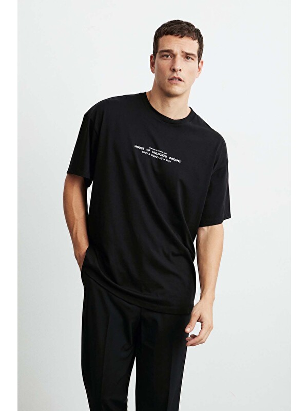GRIMELANGE FRANK Erkek Kalın Dokulu Baskı Detaylı Oversize &100 Organik Pamuklu SİYAH T-Shirt
