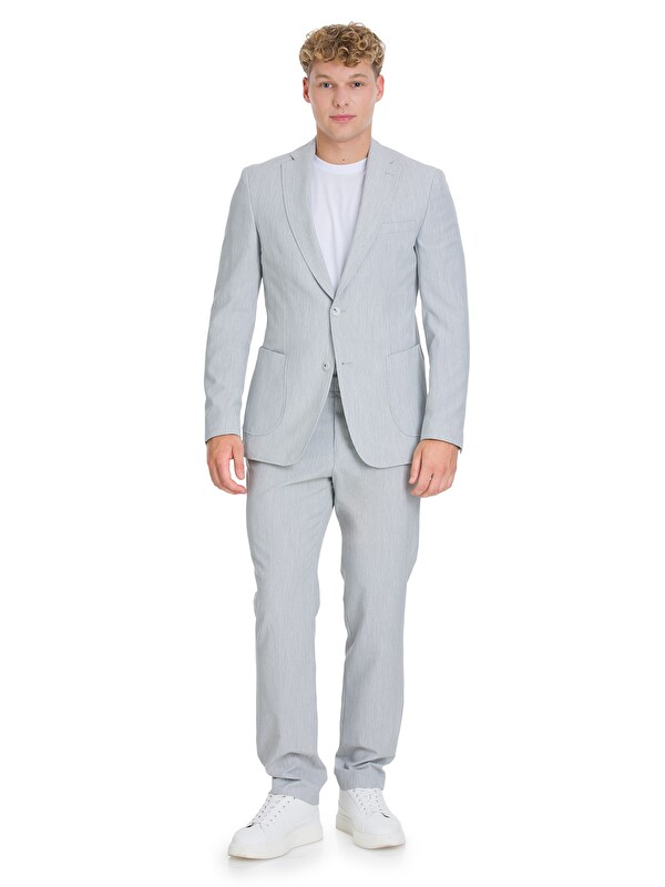 Hatemoğlu Gri Slim Fit Çizgili Mono Yaka Takım Elbise
