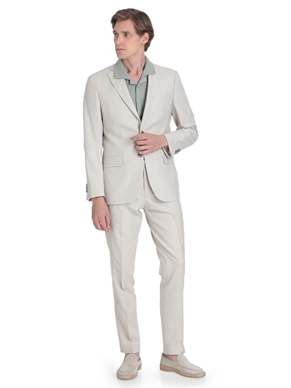 Hatemoğlu Bej Slim Fit Mono Yaka Keten Takım Elbise
