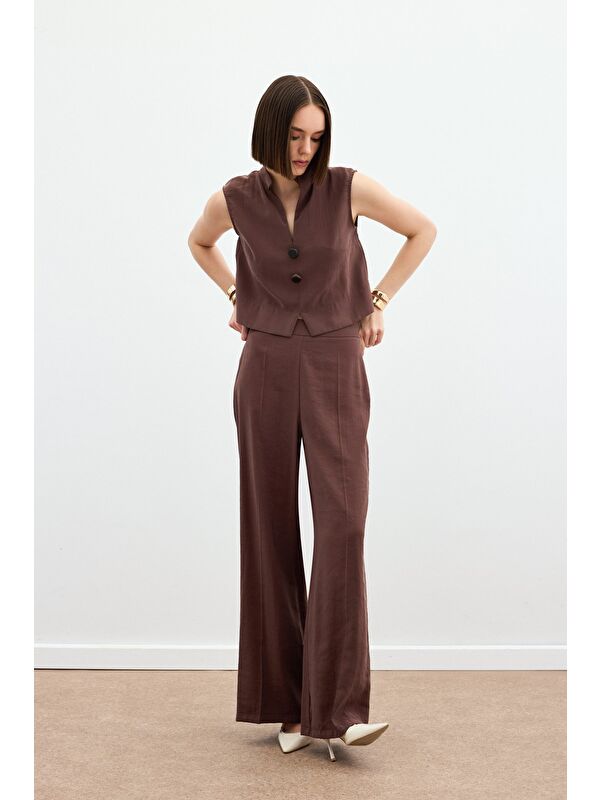 SATEEN Yüksek Bel Keten Pantolon - Kahve