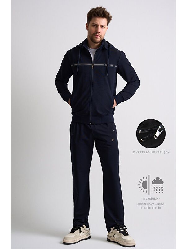 Shooter Sportswear Lacivert Klasik Erkek Eşofman Takımı Çıkartılabilir Kapüşonlu Rahat Kalıp