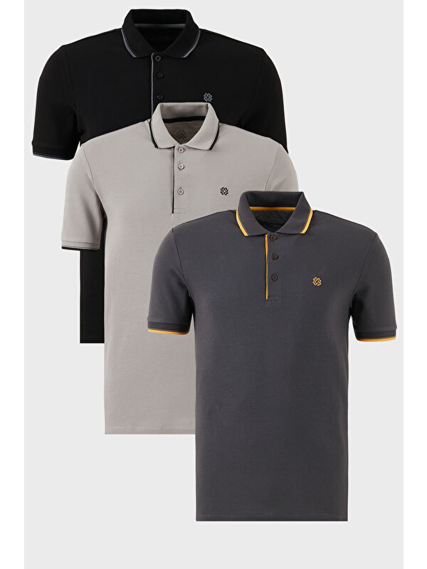 Buratti Pamuklu Slim Fit Şerit Detaylı Düğmeli Polo Yaka 3'lü Paket %100 Pamuk Tişört 5902118S3