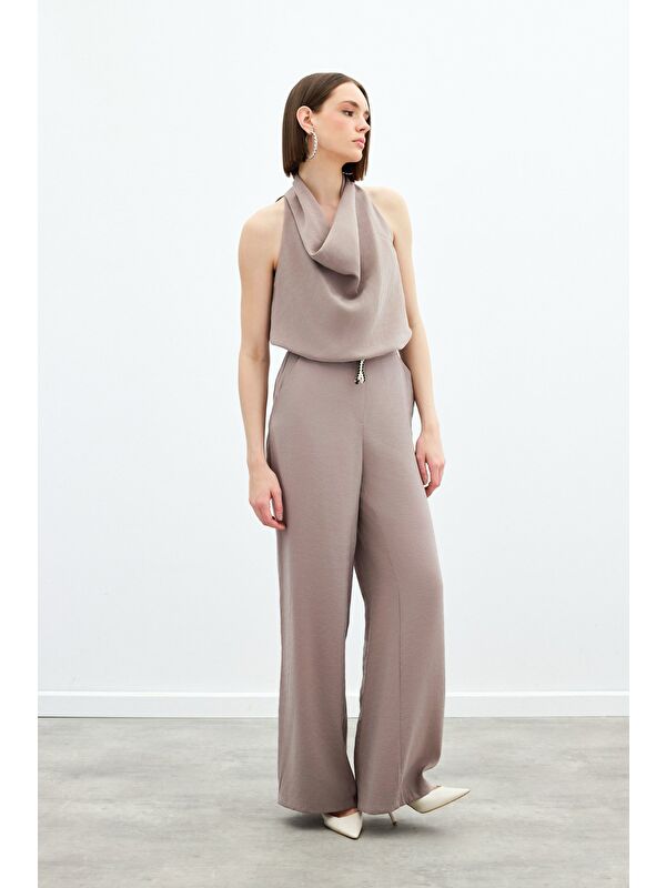 SATEEN Örgü Kemerli Pantolon - Vizon