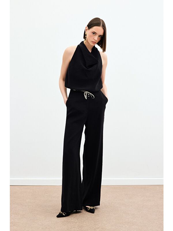 SATEEN Örgü Kemerli Pantolon - Siyah