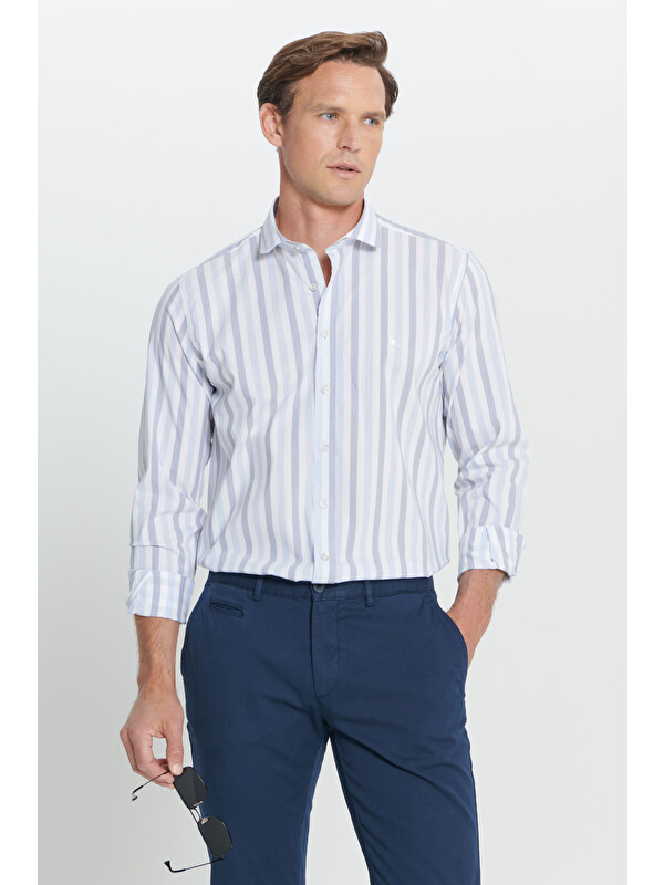 Altınyıldız Classics Erkek Beyaz-Mavi Slim Fit Dar Kesim %100 Pamuk Küçük İtalyan Yaka Çizgili Gömlek