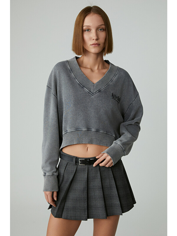 GRIMELANGE ANDREITA Kadın V Yakalı Asimetrik Oversize AÇIK GRİ Sweatshirt