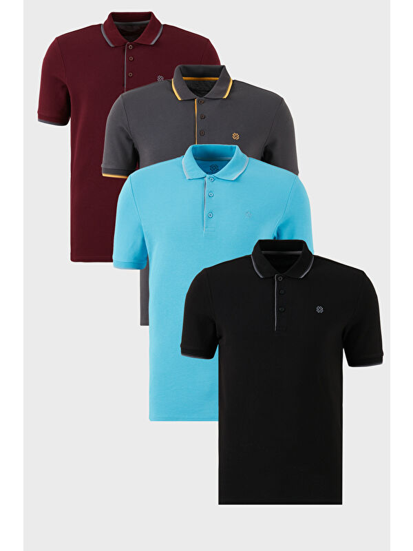 Buratti Pamuklu Slim Fit Şerit Detaylı Düğmeli Polo Yaka 4'lü Paket %100 Pamuk Tişört 5902118S4