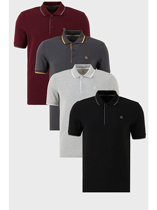 Buratti Pamuklu Slim Fit Şerit Detaylı Düğmeli Polo Yaka 4'lü Paket %100 Pamuk Tişört 5902118S4