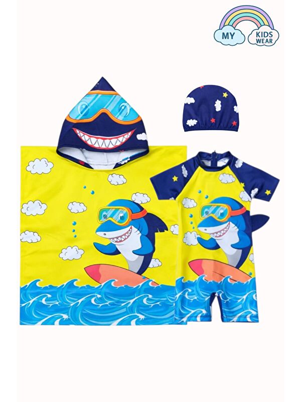 My Kids Wear Erkek Çocuk Deniz Kombini 3’lü Set – Mayo, Havlu ve Bone 12585