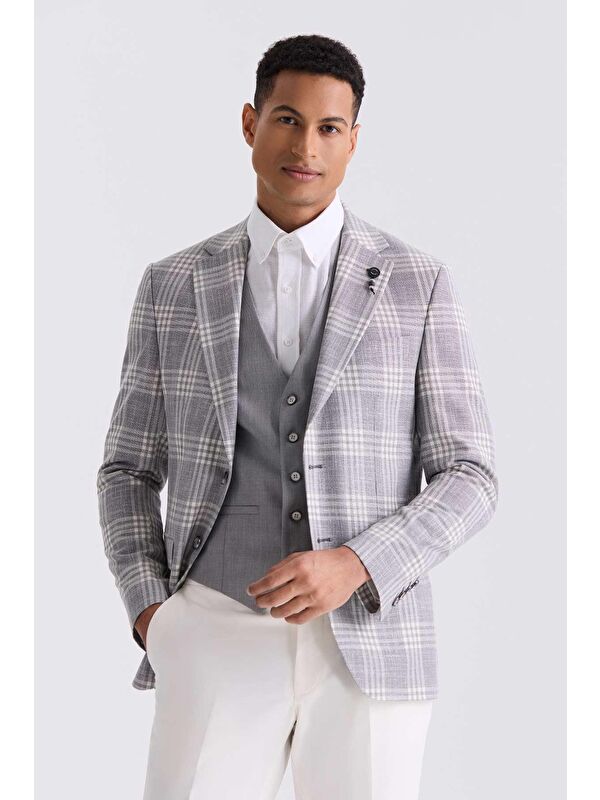 JAKAMEN Gri Slim Fit Mono Yaka Kareli Kombinli Yelekli Takım Elbise
