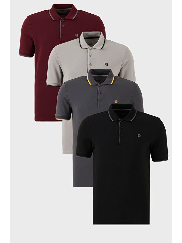 Buratti Pamuklu Slim Fit Şerit Detaylı Düğmeli Polo Yaka 4'lü Paket %100 Pamuk Tişört 5902118S4