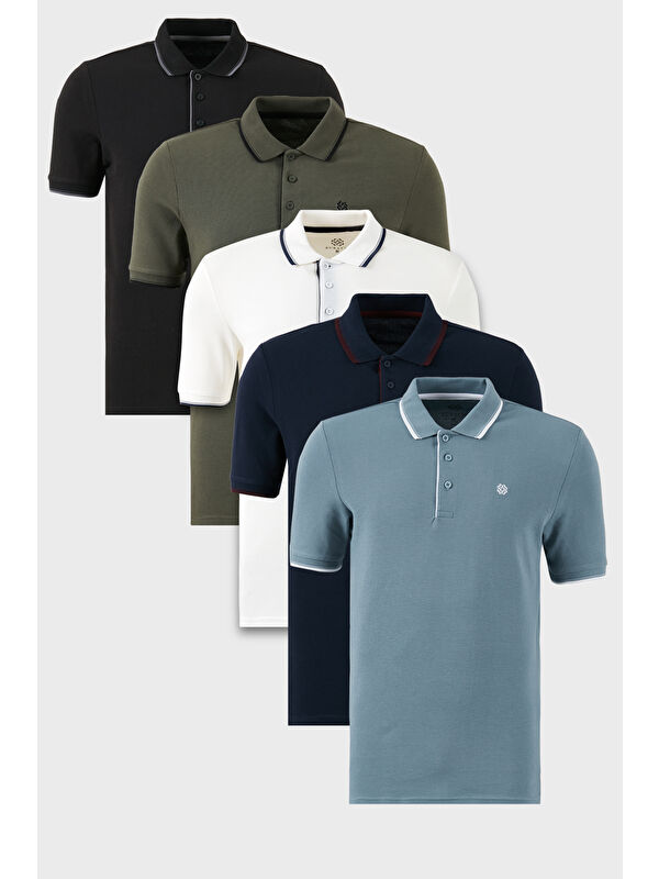 Buratti Pamuklu Slim Fit Şerit Detaylı Düğmeli Polo Yaka 5'li Paket %100 Pamuk Tişört 5902118S5