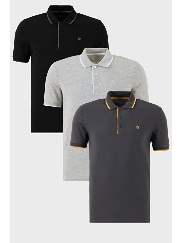 Buratti Pamuklu Slim Fit Şerit Detaylı Düğmeli Polo Yaka 3'lü Paket %100 Pamuk Tişört 5902118S3