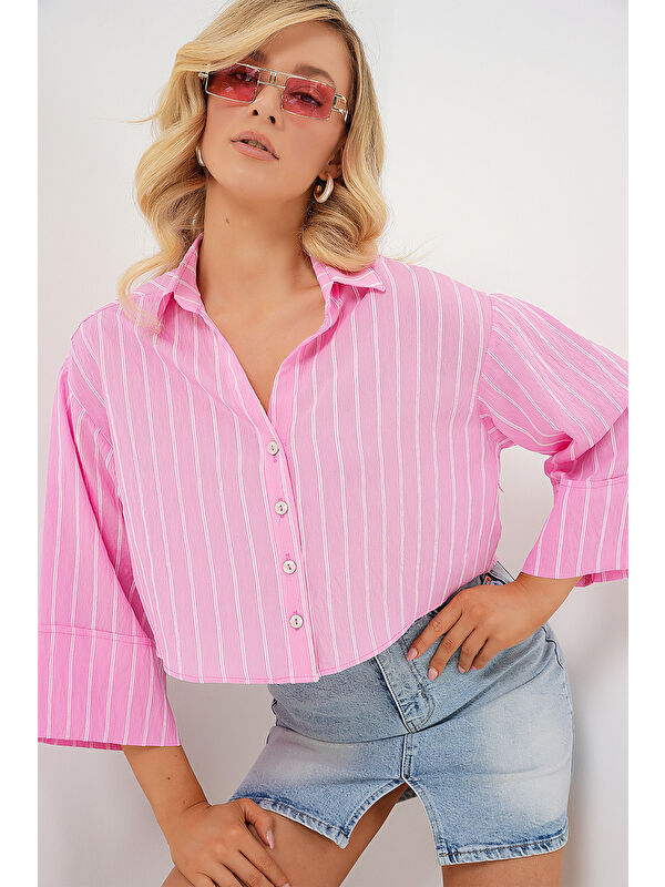 Bigdart Kadın Çizgili Oversize Kısa Gömlek 20326 - Pembe
