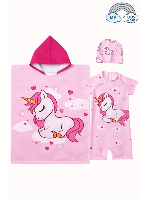 My Kids Wear Kız Çocuk Deniz Kombini 3’lü Set – Mayo, Havlu ve Bone 12584