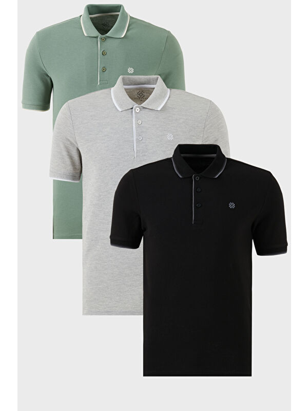 Buratti Pamuklu Slim Fit Şerit Detaylı Düğmeli Polo Yaka 3'lü Paket %100 Pamuk Tişört 5902118S3