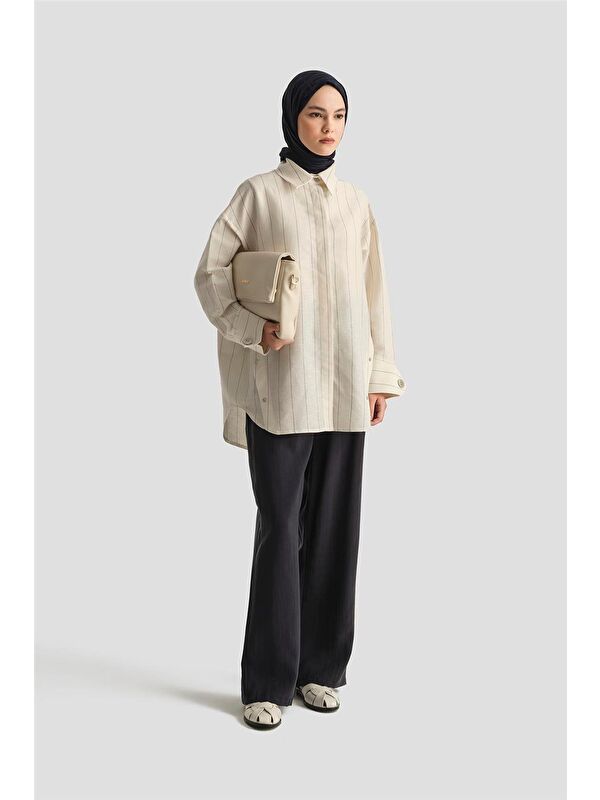 ARMİNE Pat Detaylı Çizgili Keten Tunik 25Y4605 Beyaz