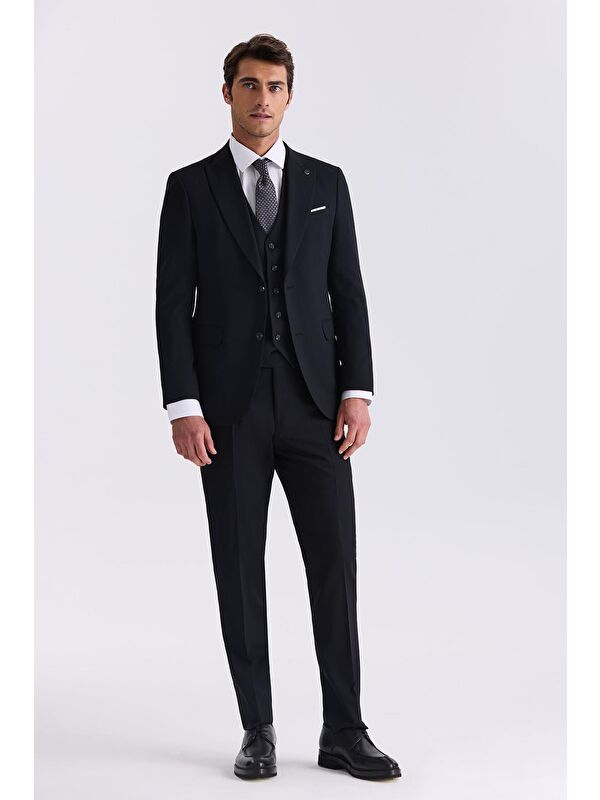 JAKAMEN Siyah Slim Fit Sivri Yaka Yelekli Bamboo Takım Elbise