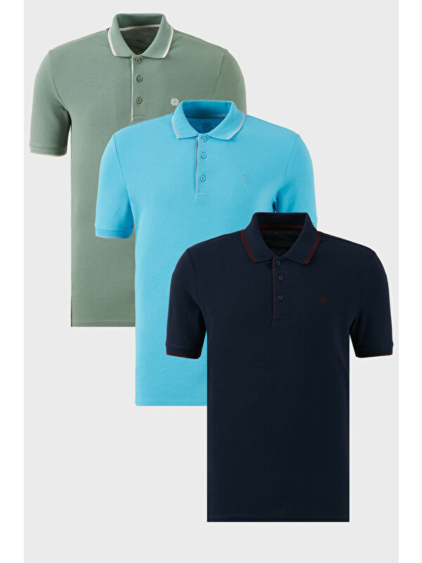 Buratti Pamuklu Slim Fit Şerit Detaylı Düğmeli Polo Yaka 3'lü Paket %100 Pamuk Tişört 5902118S3