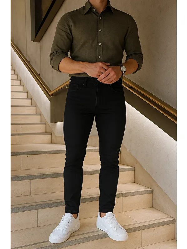 Comstar Erkek Yüksek Bel Premium Slim Fit Siyah Jean Pantolon