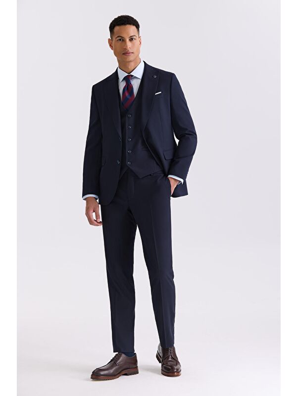 JAKAMEN Lacivert Slim Fit Sivri Yaka Yelekli Bamboo Takım Elbise