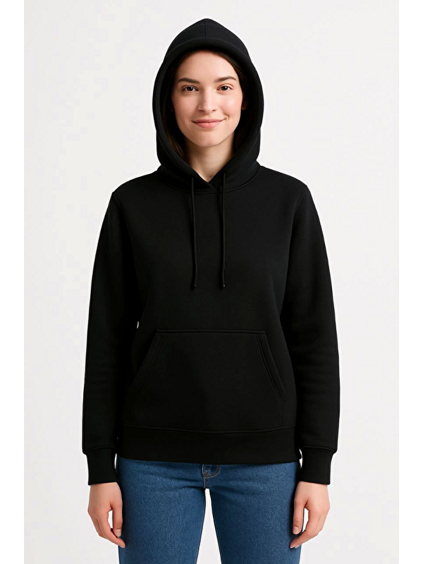 Jane's Üç İplik Kapüşonlu Kanguru Çepli SweatShirt Hoodie - Siyah
