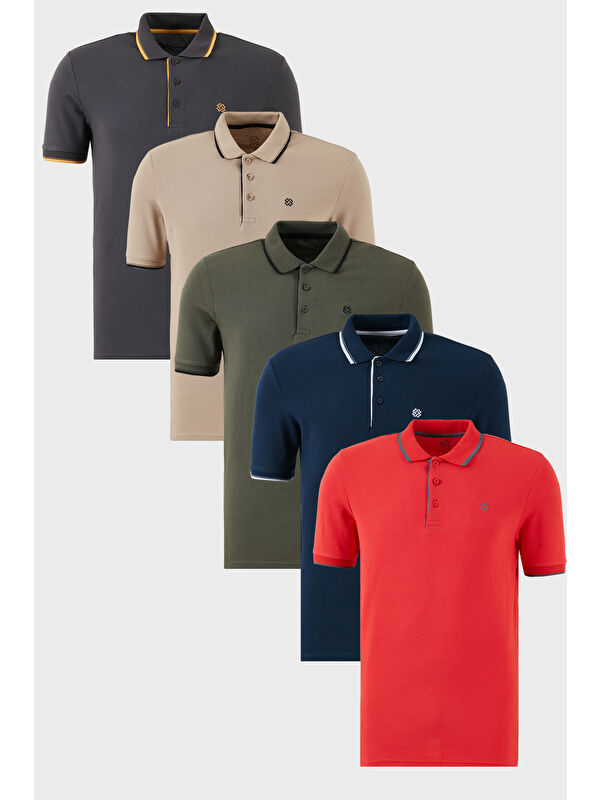 Buratti Pamuklu Slim Fit Şerit Detaylı Düğmeli Polo Yaka 5'li Paket %100 Pamuk Tişört 5902118S5