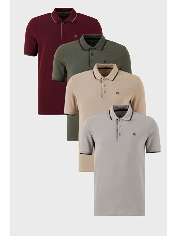 Buratti Pamuklu Slim Fit Şerit Detaylı Düğmeli Polo Yaka 4'lü Paket %100 Pamuk Tişört 5902118S4