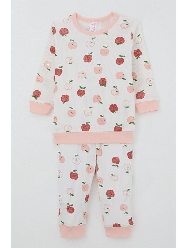 Breeze Kız Bebek Pijama Takımı Omuzdan Patlı Sevimli Minik Elma Desenli Ekru (4 Ay-1 Yaş)