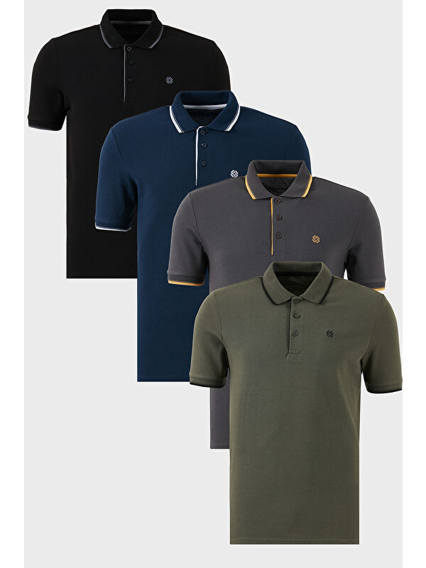Buratti Pamuklu Slim Fit Şerit Detaylı Düğmeli Polo Yaka 4'lü Paket %100 Pamuk Tişört 5902118S4